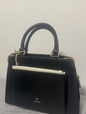 Black Leather Top-Handle Satchel with Cream Zip Accent